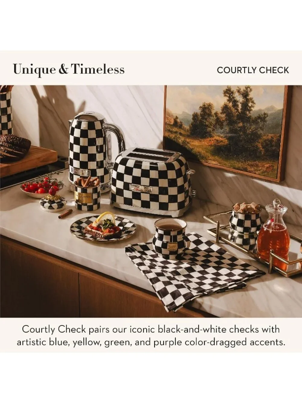 2-Slice Black-and-White Courtly Check Stainless Steel Decorative Bread Toaster
